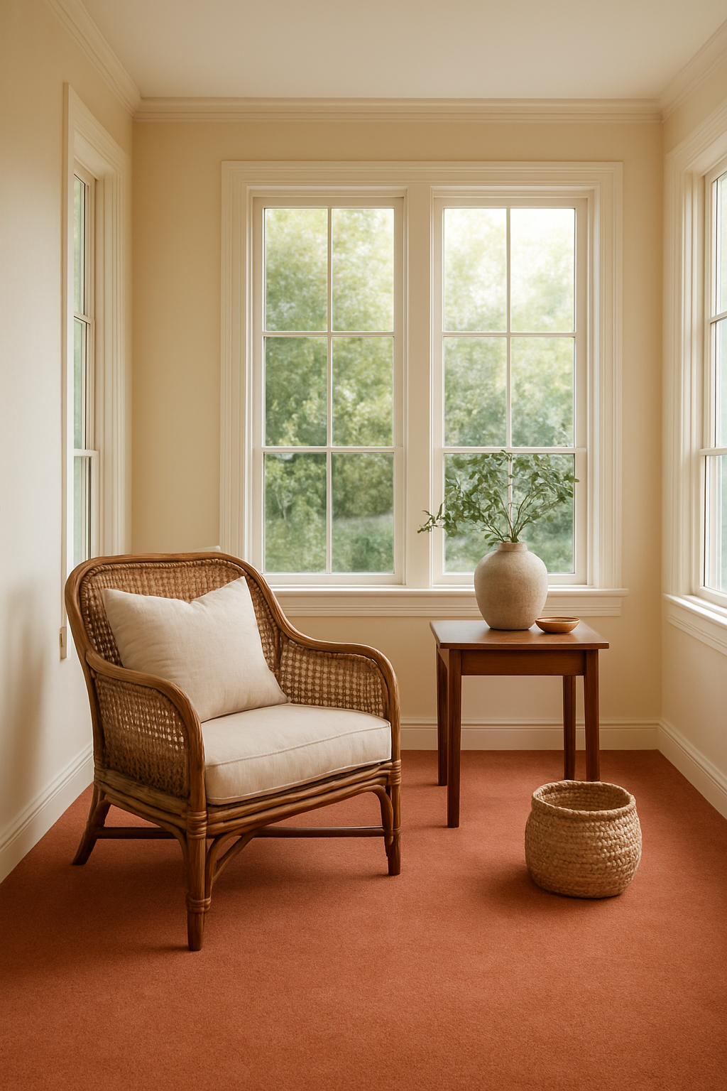 Sunroom with cream walls and a terracotta carpet beside a brown rattan chair