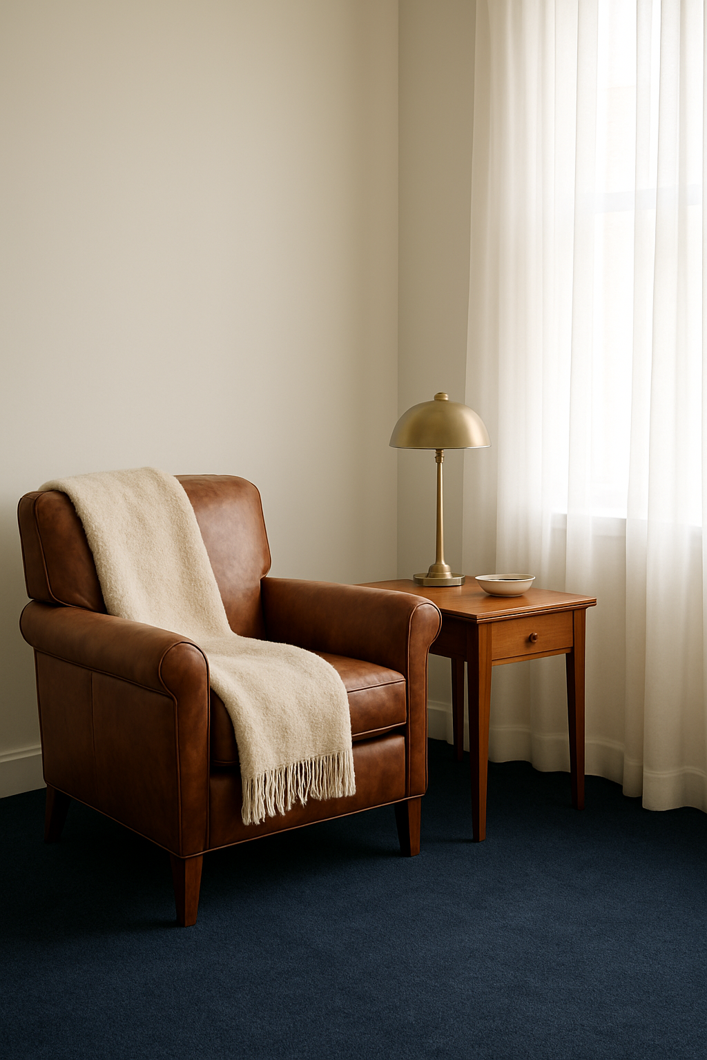 Den with white walls and a navy carpet beside a brown leather armchair