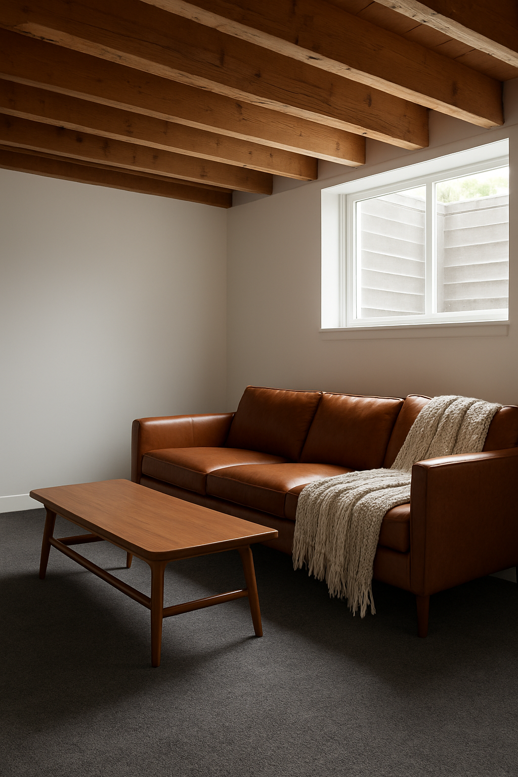 Basement with white walls, wood beams, and a charcoal carpet by a brown sofa
