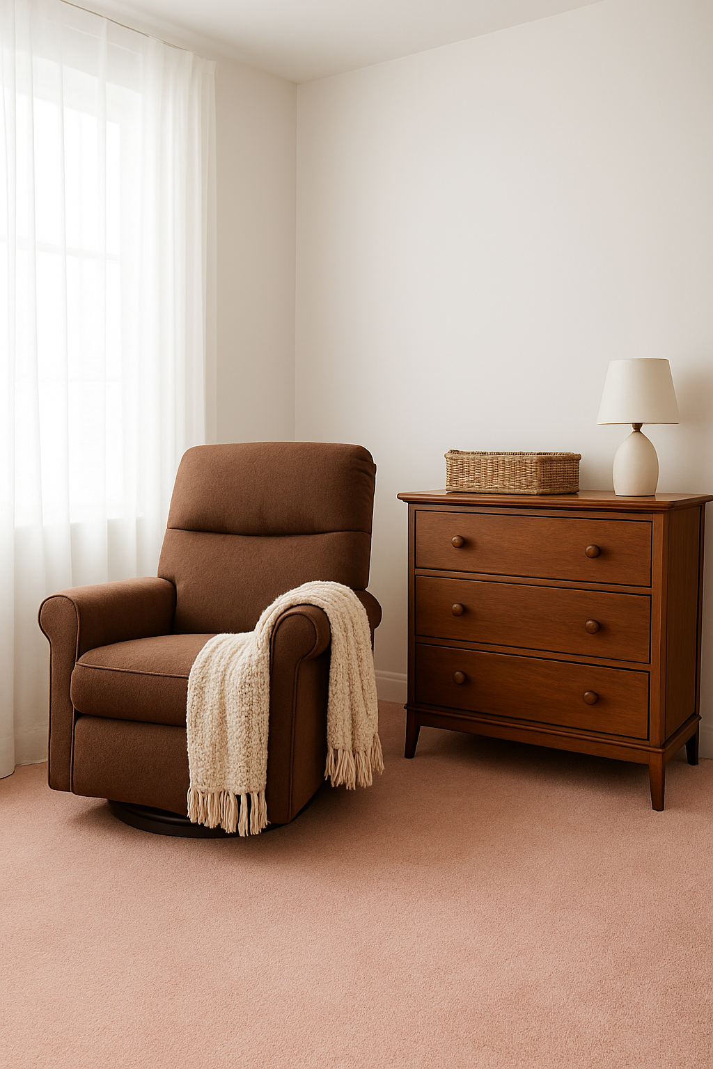 Nursery with white walls and a blush pink carpet beside a brown wood dresser