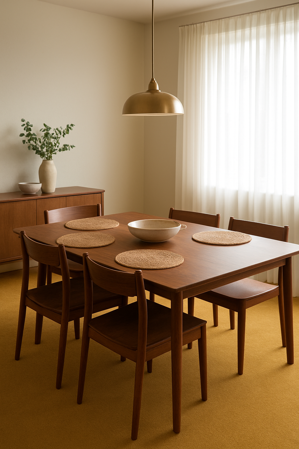 Dining room with white walls and a mustard gold carpet under a wood table