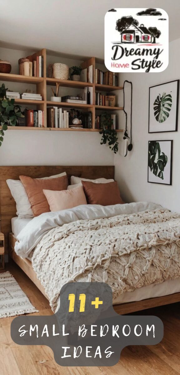 Cozy small bedroom with wooden wall shelves, earth-tone pillows, chunky knit blanket, and botanical wall art