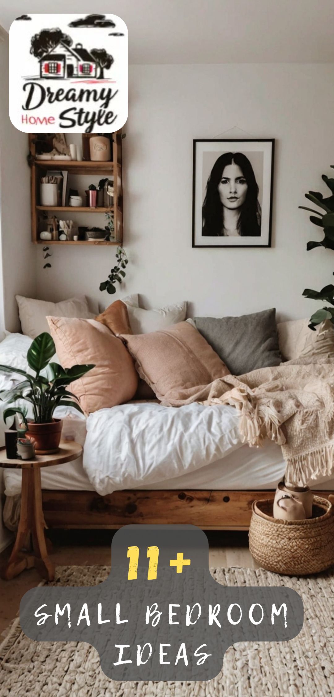 Cozy small bedroom with wooden platform bed, blush pillows, wall shelves, plants, and boho decor