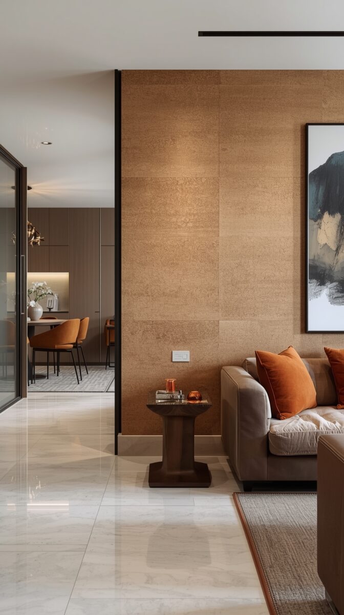Modern living room with tan textured wall panels, brown sectional sofa, burnt orange pillows, marble floors, and dining area visible