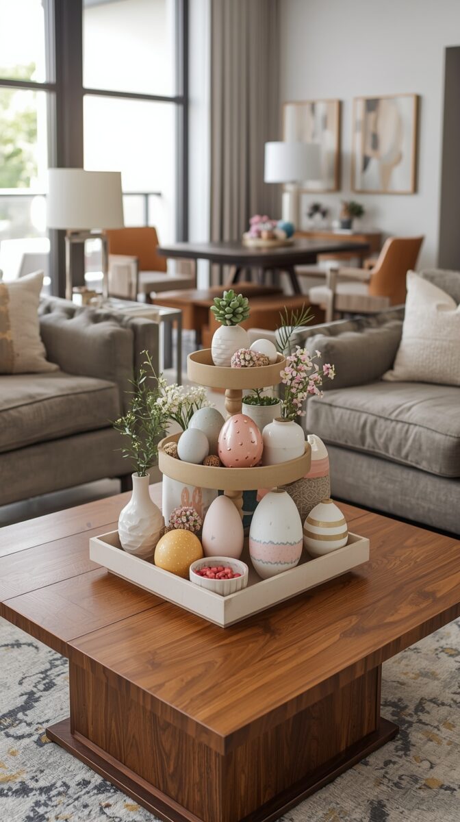 Three-tiered tray with pastel Easter eggs, white vases, and spring flowers on a walnut coffee table in a modern living room