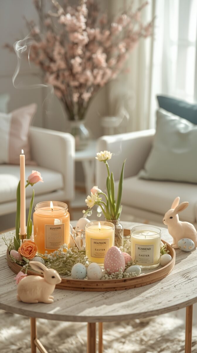 Easter coffee table centerpiece with lit candles, pastel eggs, bunny figurines, and spring flowers on a wooden tray