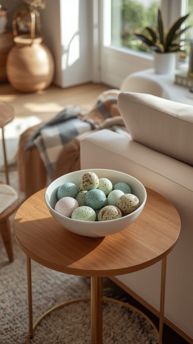 White bowl filled with pastel speckled Easter eggs in mint, blue, and cream on a round wooden side table