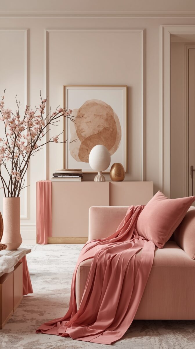 Elegant living room with blush pink sofa, coral throw blanket, cherry blossom branches, and abstract wall art