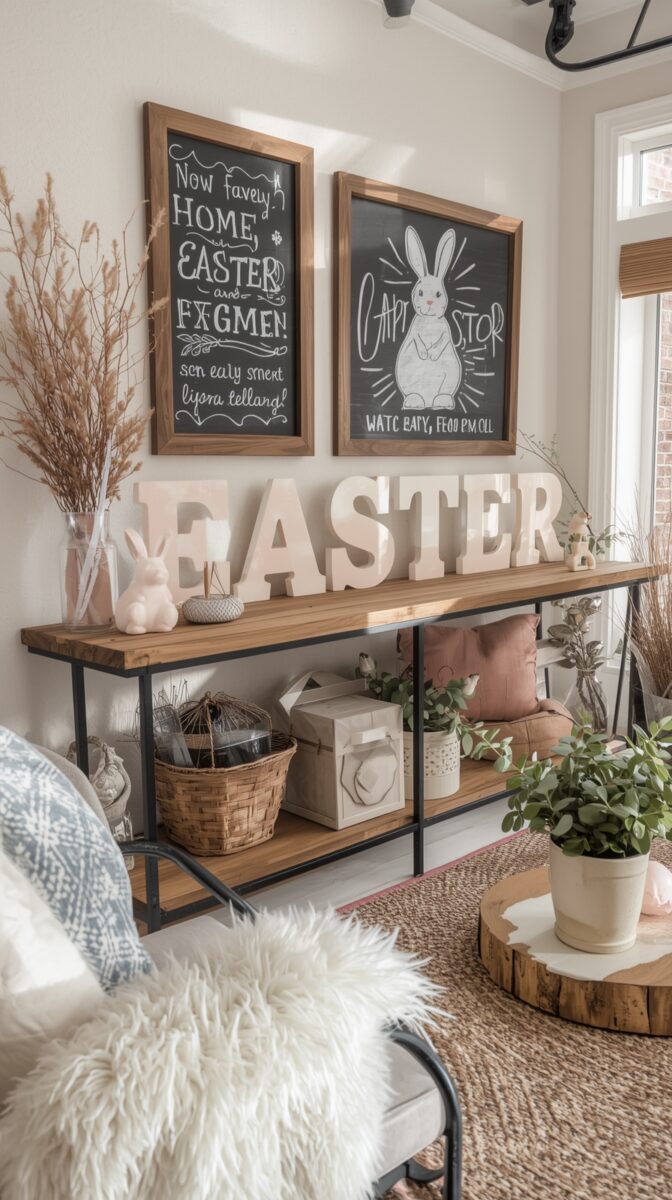 Easter farmhouse console table decor with large white letter signs, ceramic bunny, chalkboard art, and spring accents