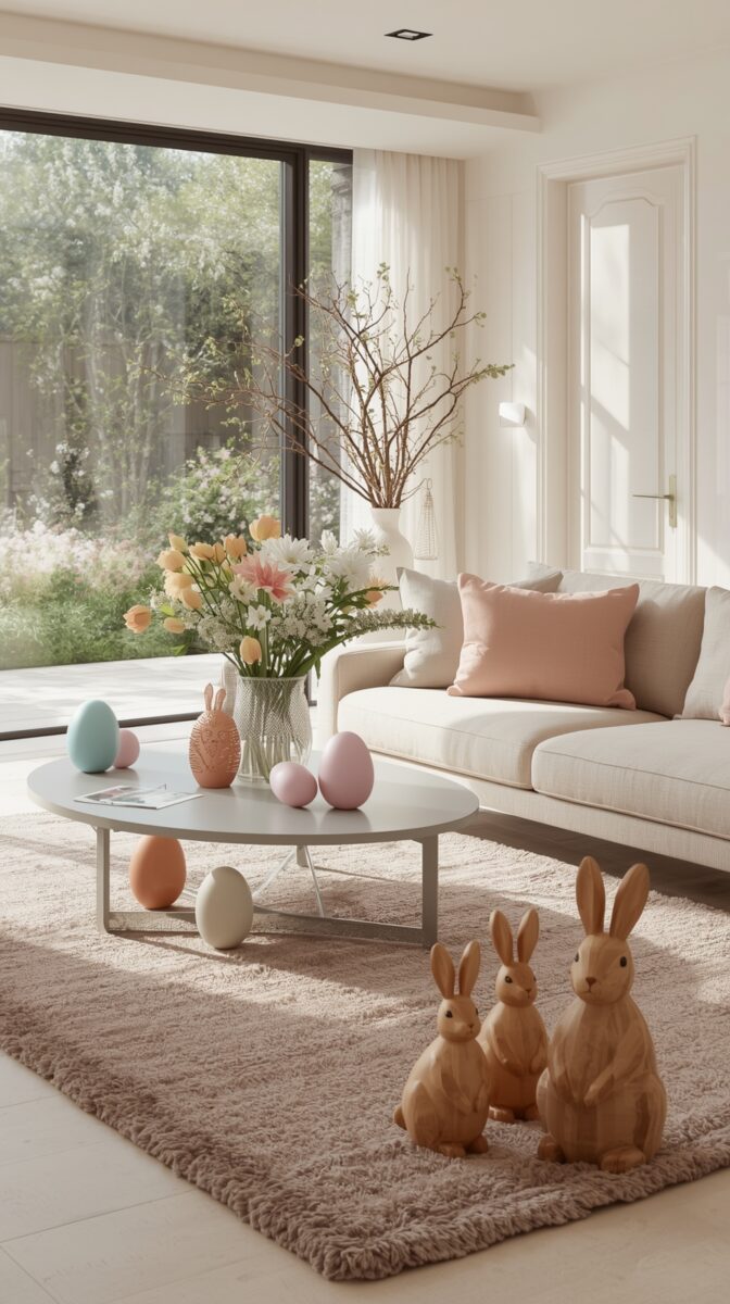Bright modern living room with Easter decor: pastel eggs, wooden bunny figurines, spring flowers on white coffee table