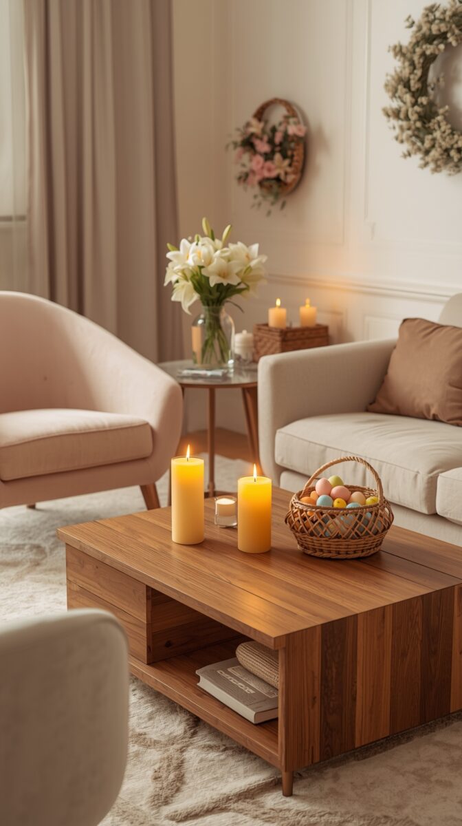 Cozy living room with Easter basket of colorful eggs, lit yellow candles, white lilies, and spring wreaths on walls