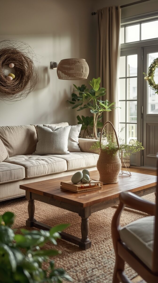 Cozy neutral living room with linen sofa, rustic wood coffee table, wicker basket, and spring Easter nest decor