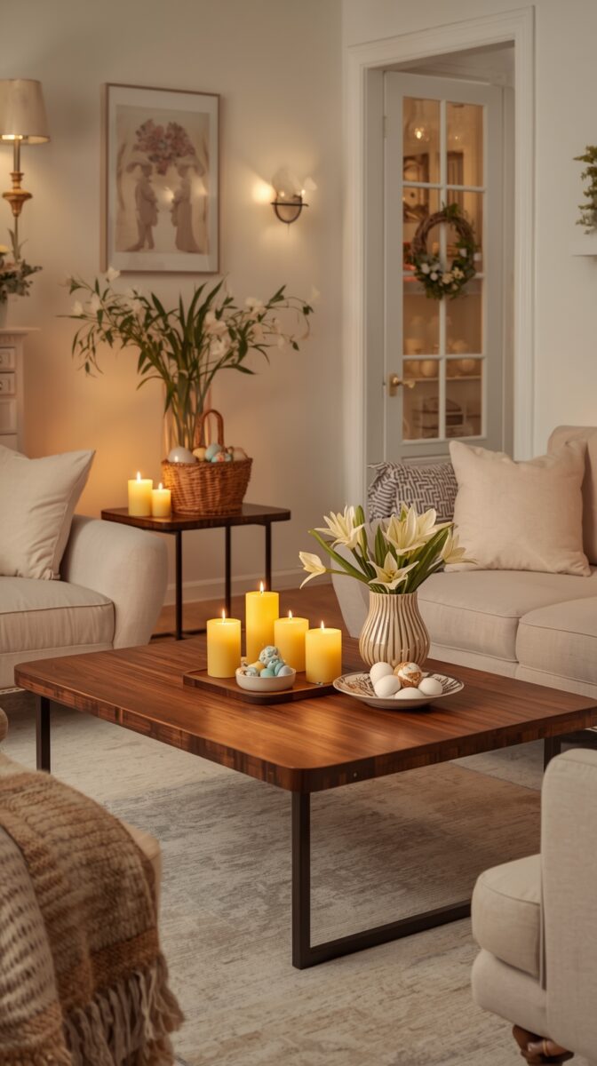 Cozy living room with lit pillar candles, white lilies in vase, Easter eggs, and warm ambient lighting on wooden coffee table