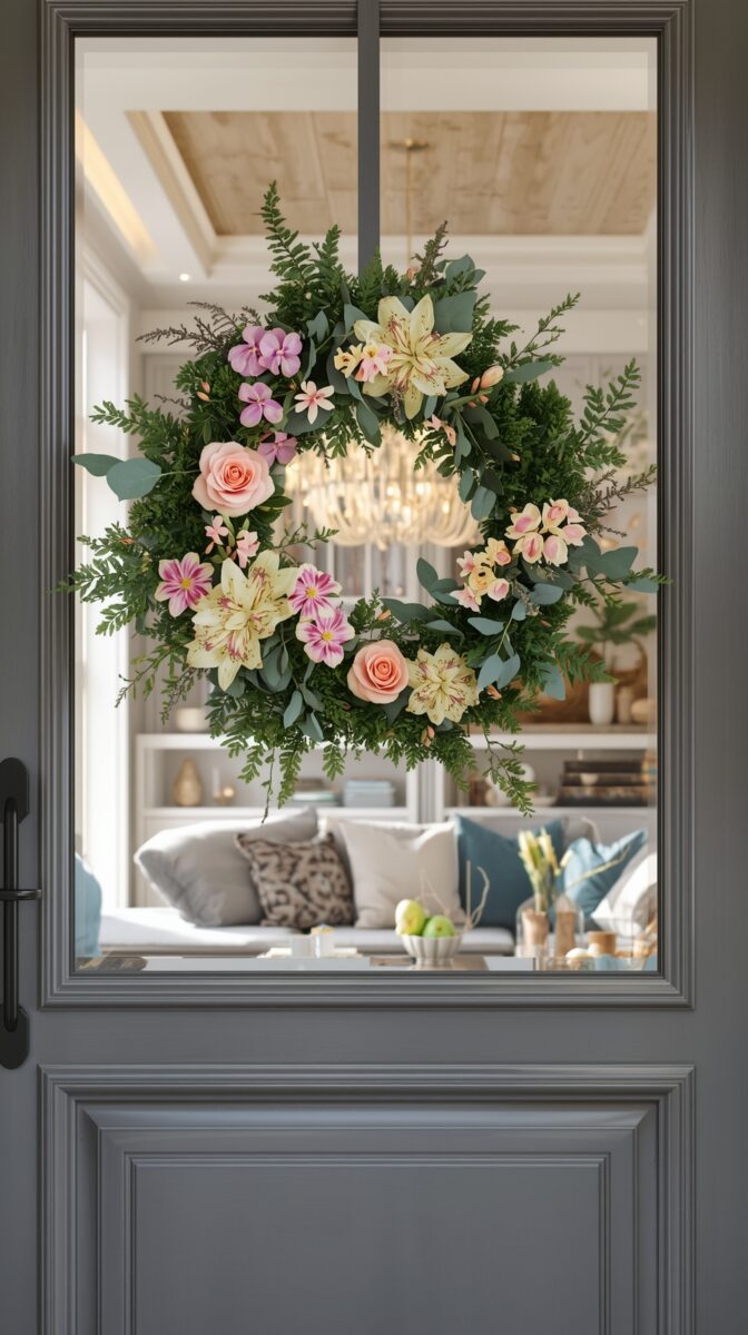 Lush spring floral wreath with pink roses, cream lilies, and purple flowers on a gray front door with glass panel