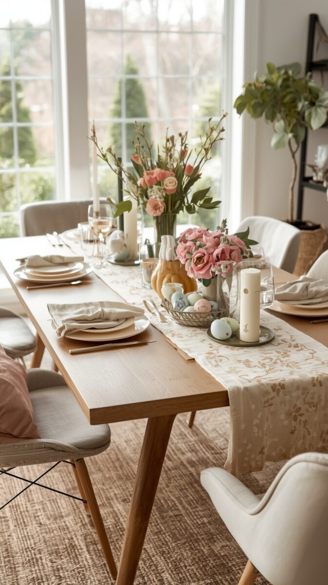 Easter dining table with pastel eggs, pink roses, floral table runner, and place settings in a bright modern dining room