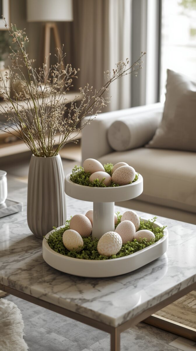 Two-tiered white ceramic stand with decorative Easter eggs on green moss, marble coffee table, neutral living room