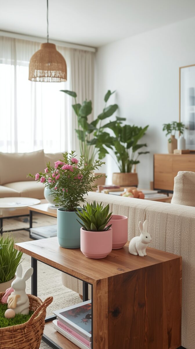Bright modern living room with Easter bunny figurines, pastel pink and teal plant pots, and lush green houseplants on wooden coffee table