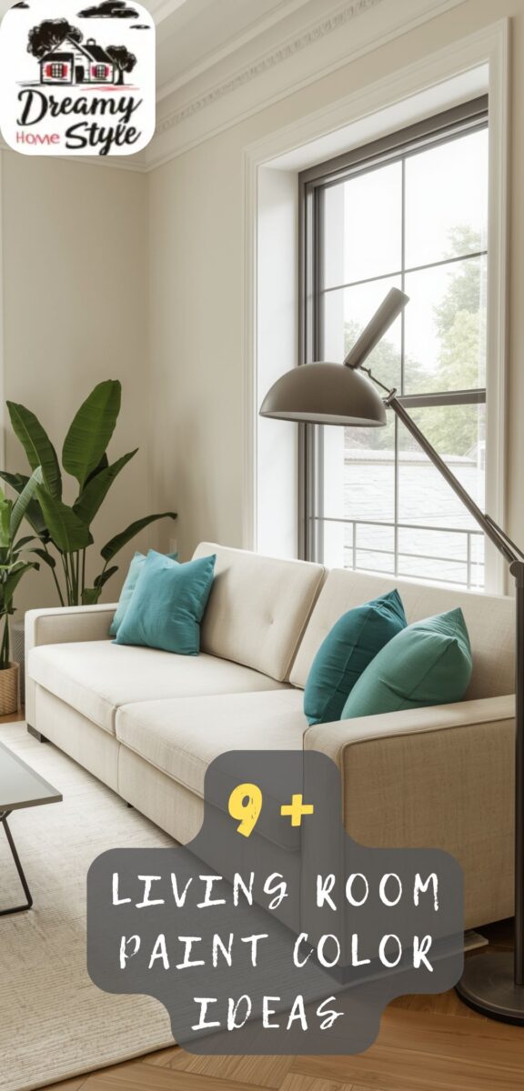 Modern living room with cream sofa, teal pillows, floor lamp, large window, and warm beige painted walls