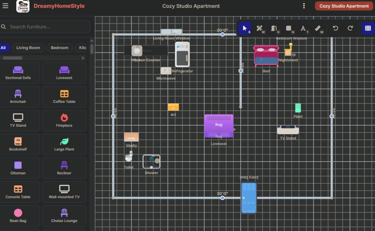 Floor plan layout of a cozy studio apartment showing furniture placement, including kitchen, bathroom, living and sleeping areas