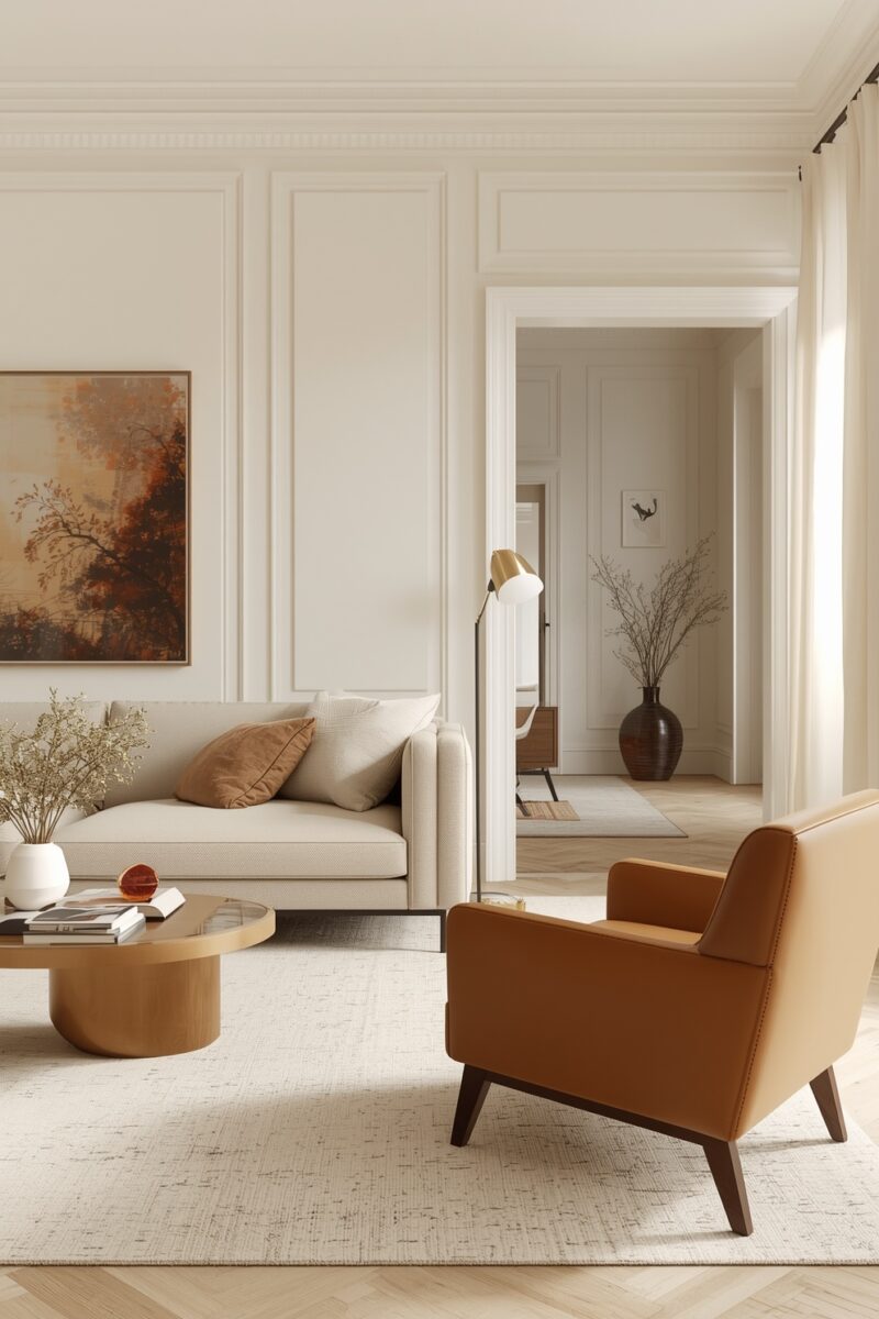 Elegant living room with cream sofa, cognac leather armchair, round wood coffee table, and wainscoting walls