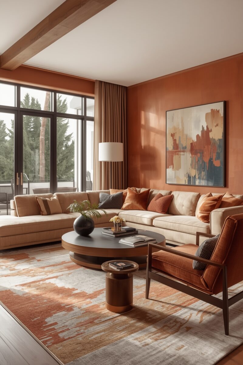 Modern living room with terracotta walls, beige sectional sofa, orange accent chairs, and round dark coffee table