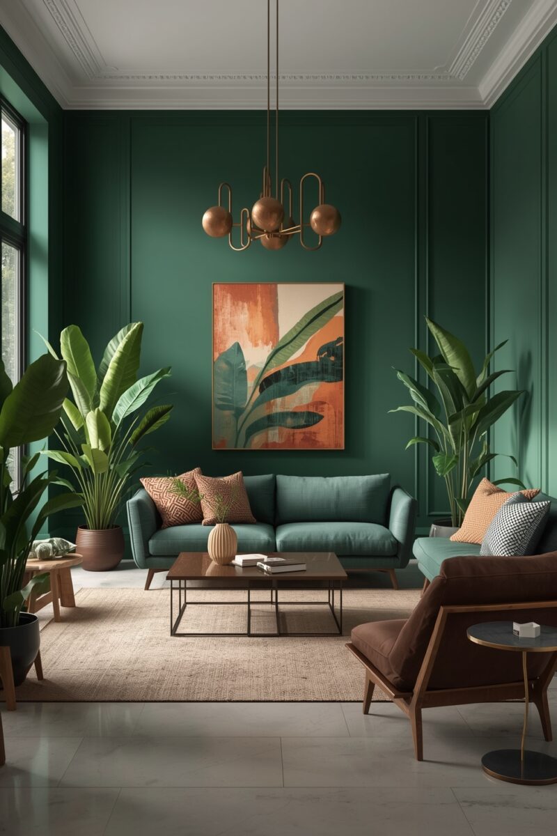 Modern living room with dark green walls, teal sofa, tropical plants, copper chandelier, and botanical wall art