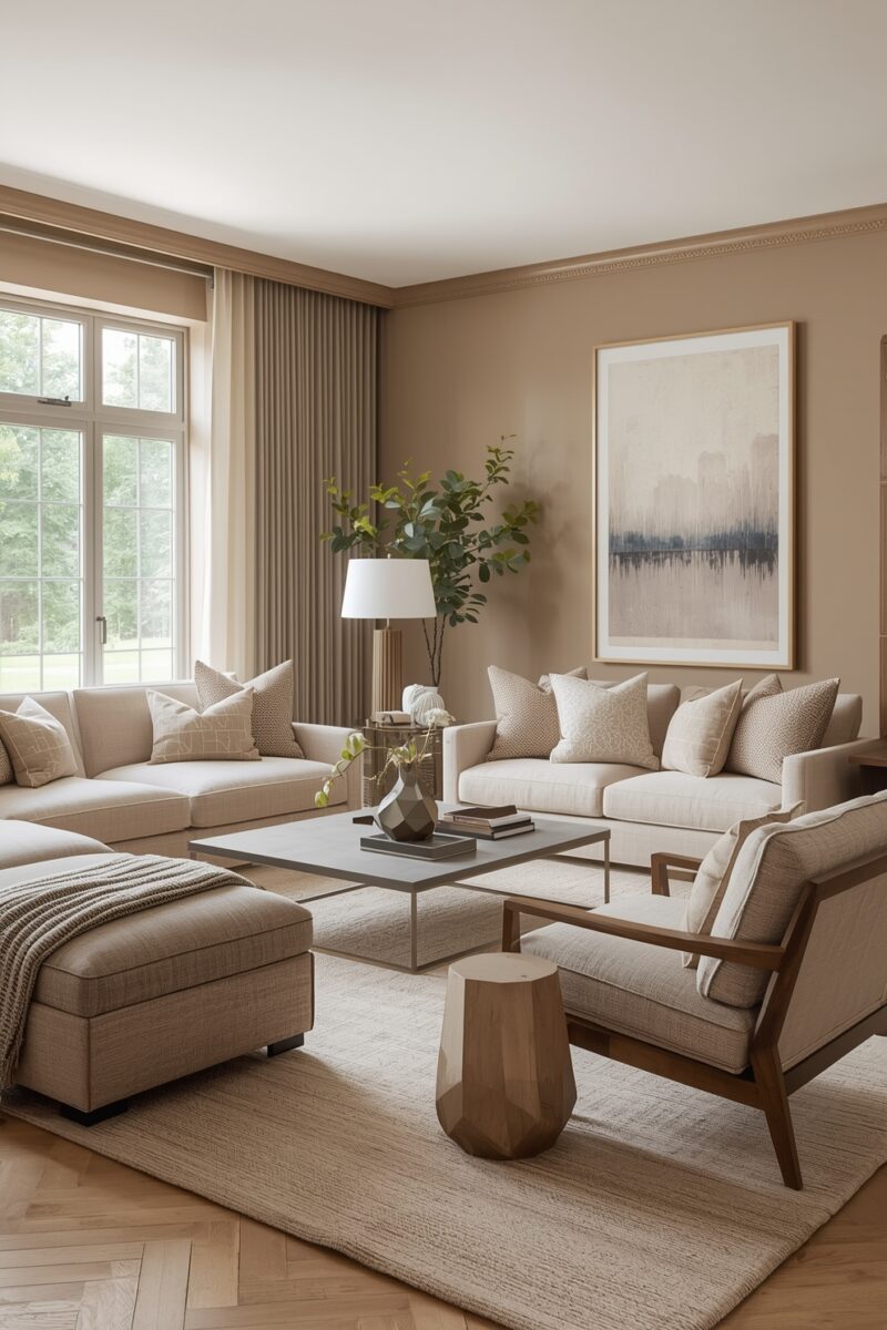 Elegant neutral living room with cream sofas, beige walls, wood accents, abstract wall art, and natural light