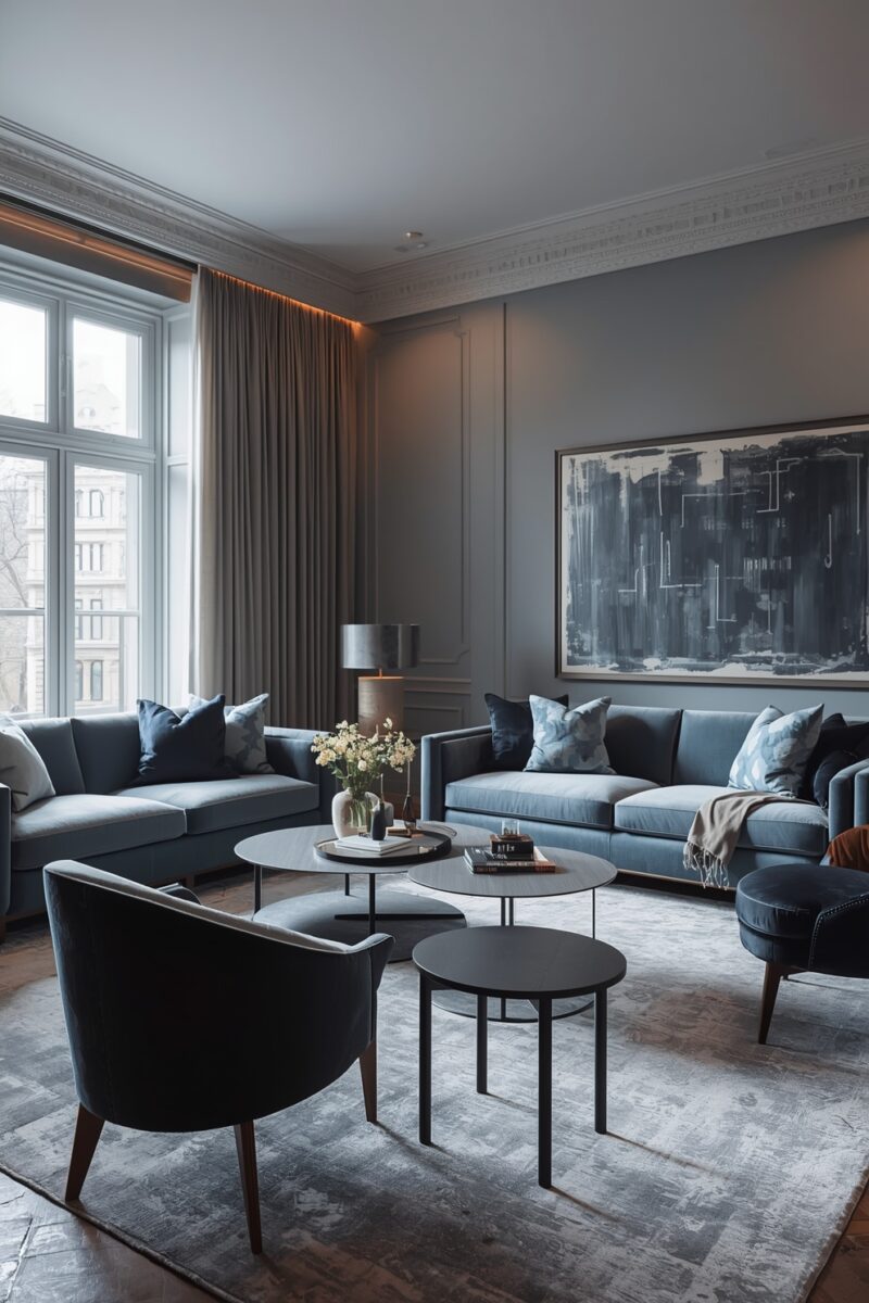 Elegant contemporary living room with blue-grey velvet sofas, nested black coffee tables, and large abstract wall art