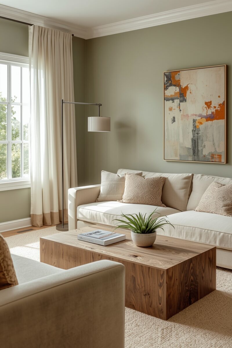 Modern living room with sage green walls, cream sectional sofa, wood coffee table, abstract art, and floor lamp