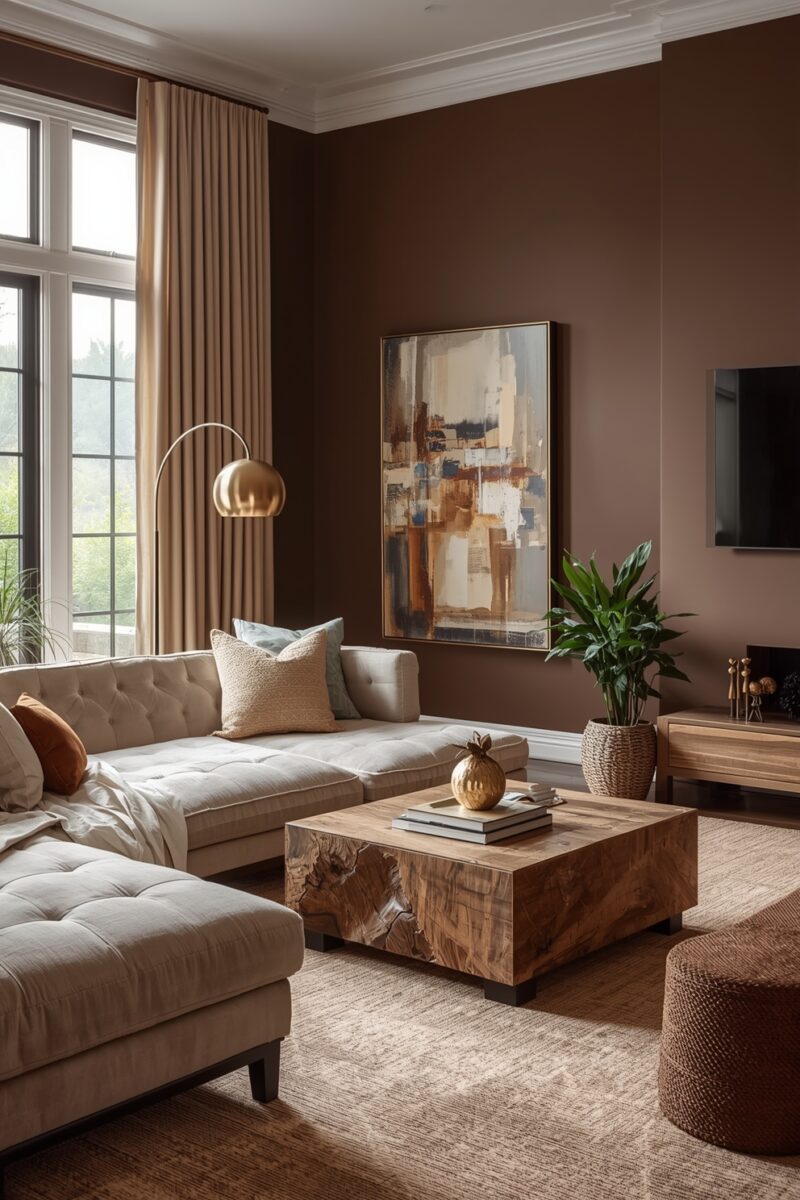 Warm brown living room with beige sectional sofa, live-edge wood coffee table, gold arc lamp, and abstract wall art