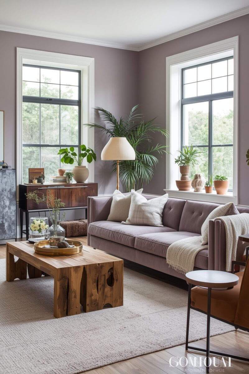 Cozy living room with mauve sofa, rustic wood coffee table, indoor plants, and large windows with natural light