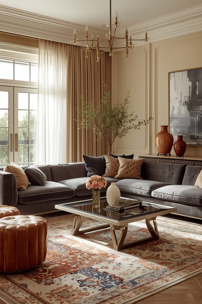 Elegant living room with gray velvet sectional sofa, glass coffee table, Persian rug, and gold chandelier