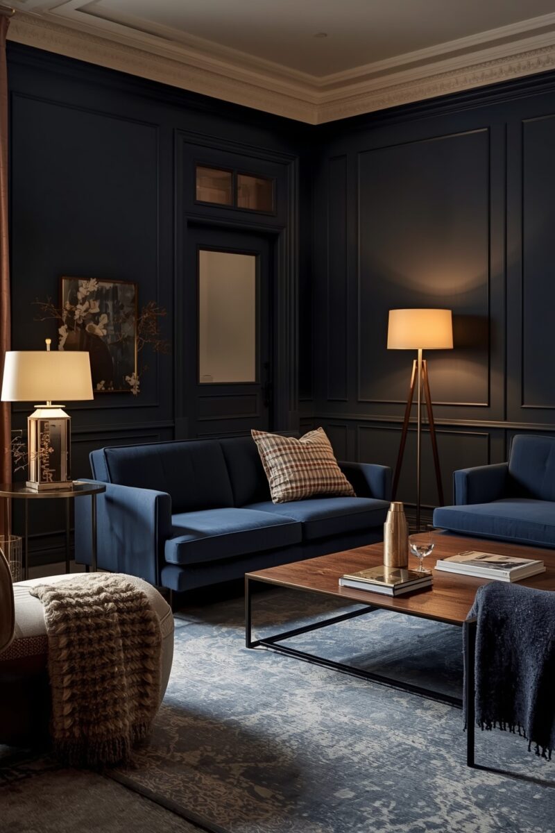 Dark navy blue living room with velvet sofa, tripod floor lamp, wood coffee table, and moody wall paneling