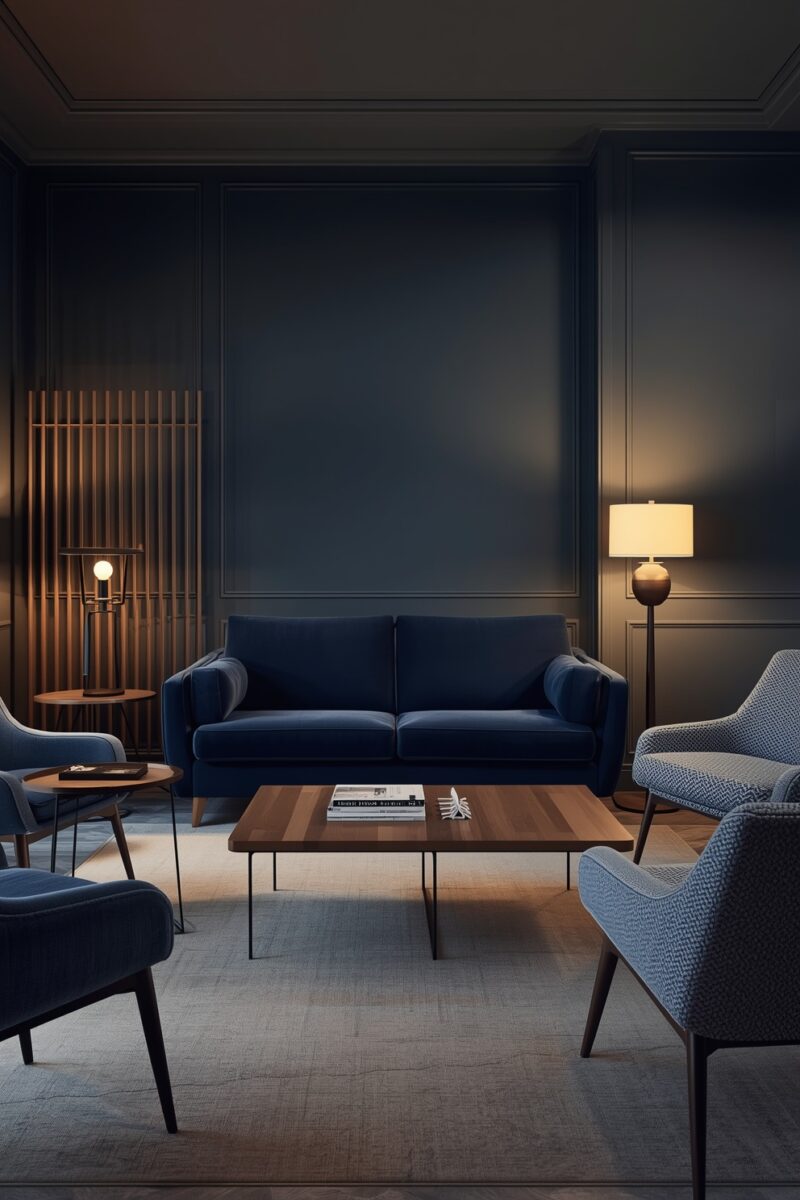 Elegant dark navy living room with velvet sofa, mid-century armchairs, wooden coffee table, and warm floor lamp lighting