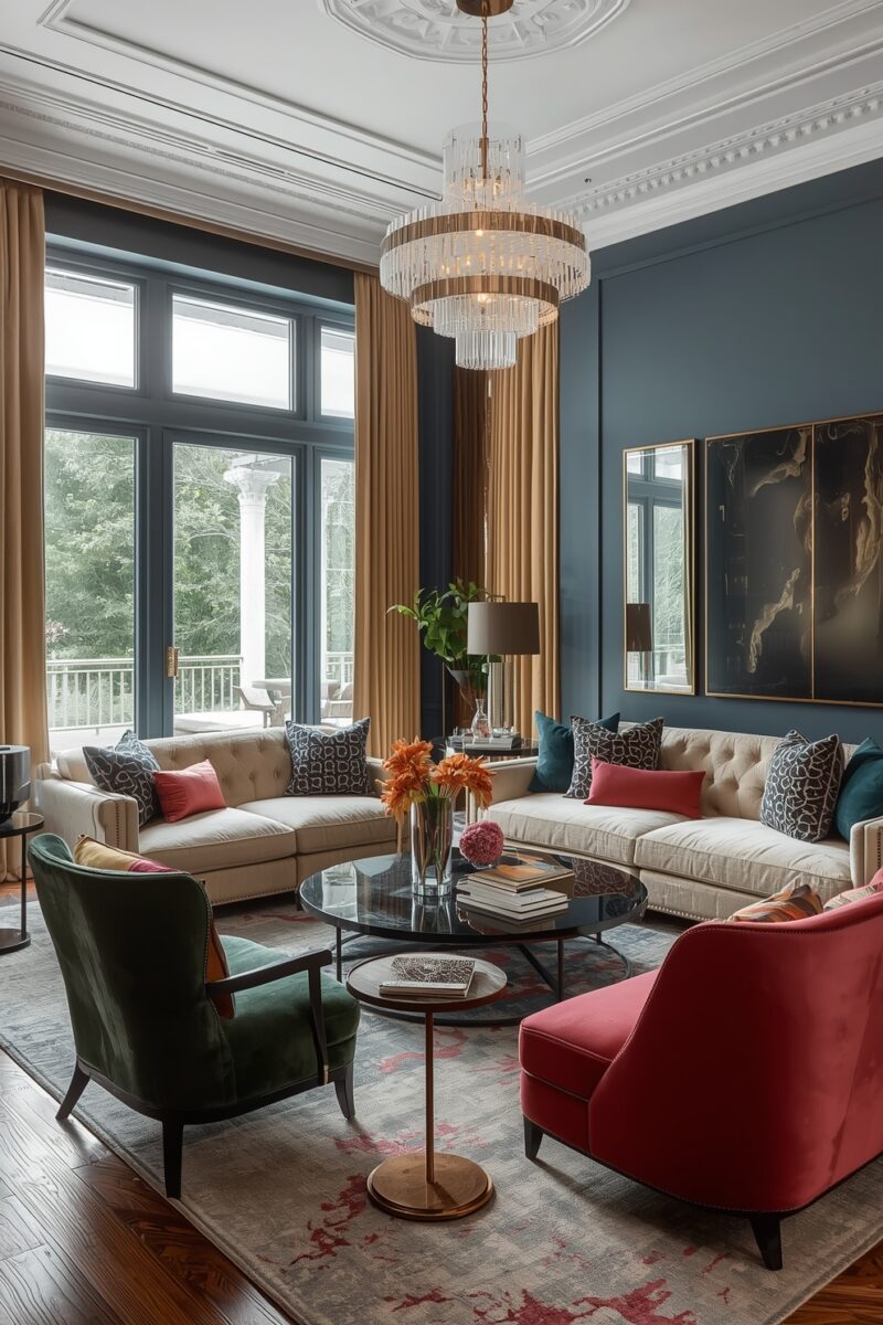 Elegant living room with teal walls, cream tufted sofas, green and red accent chairs, crystal chandelier, and large windows