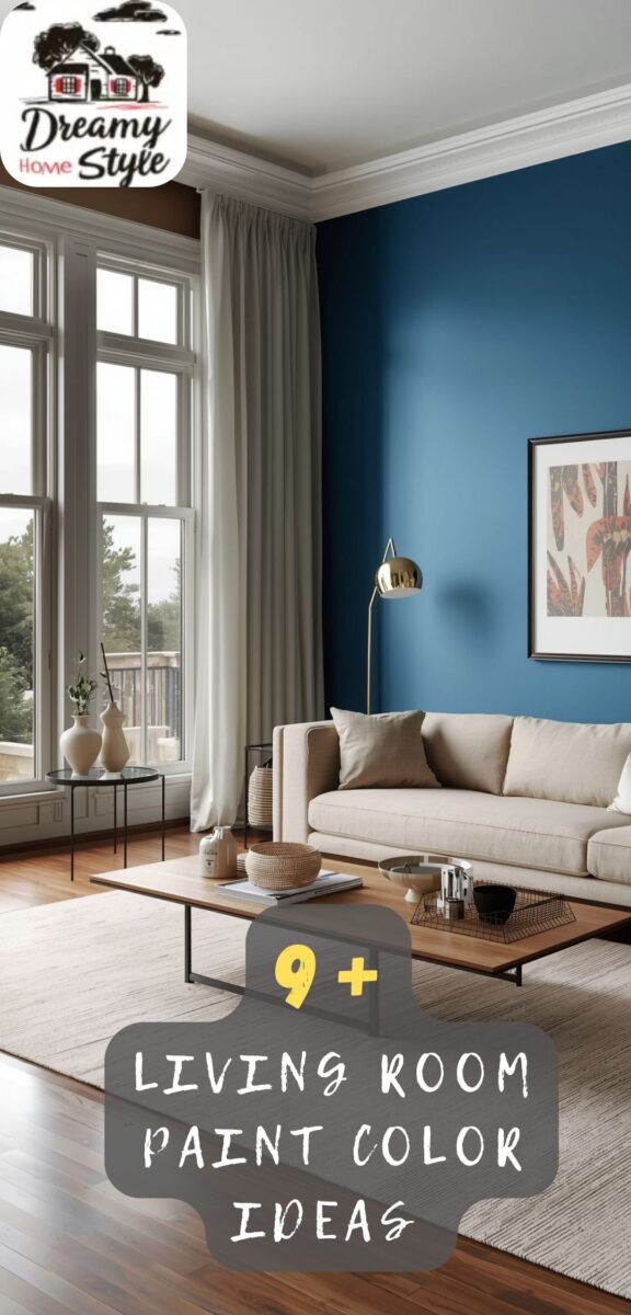 Modern living room with teal blue accent wall, beige sofa, wooden coffee table, and large white-framed windows