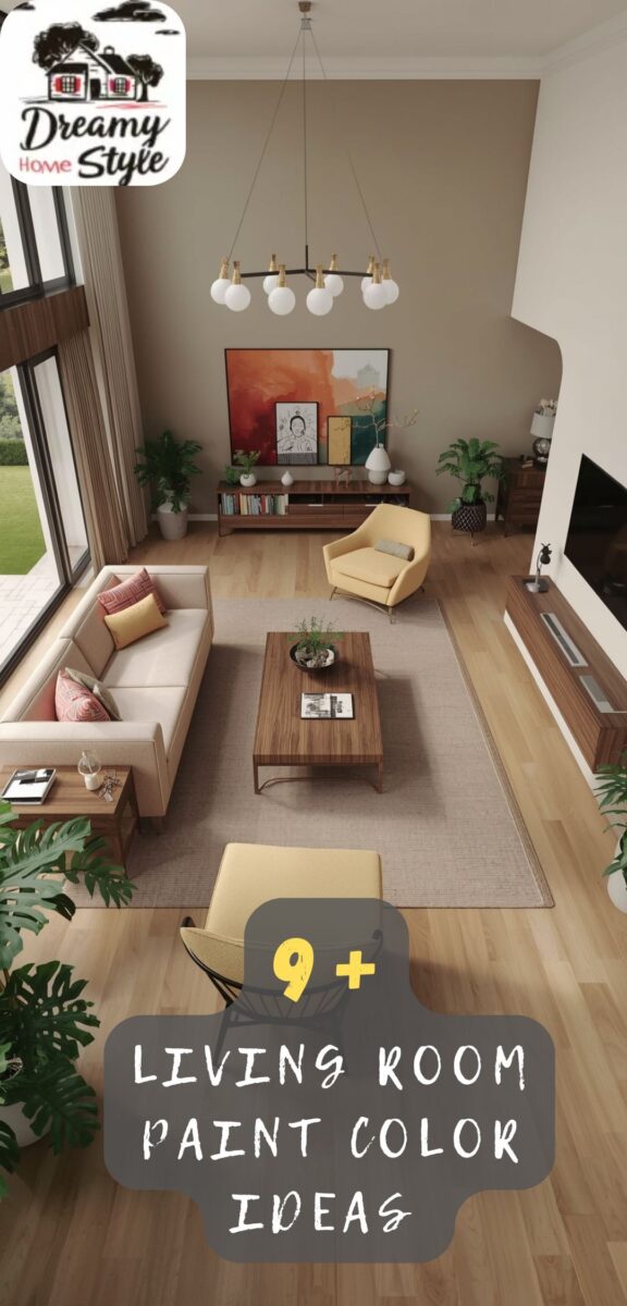 Aerial view of modern living room with warm taupe walls, beige sofa, yellow accent chairs, wood coffee table, and light hardwood floors