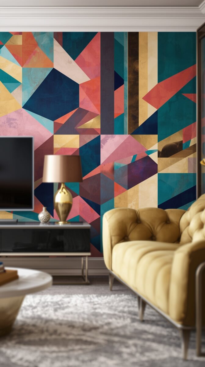 Modern living room with geometric wallpaper in teal, coral, and gold, featuring a tufted gold sofa and brass table lamp