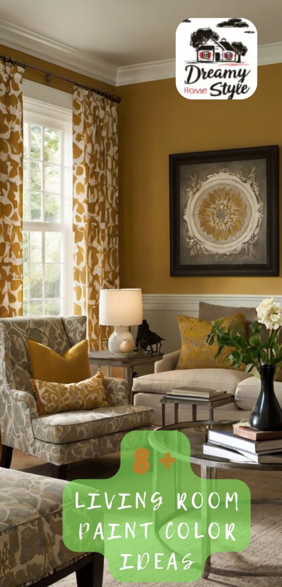 Warm mustard yellow living room with patterned curtains, upholstered armchairs, and coordinating gold accent pillows