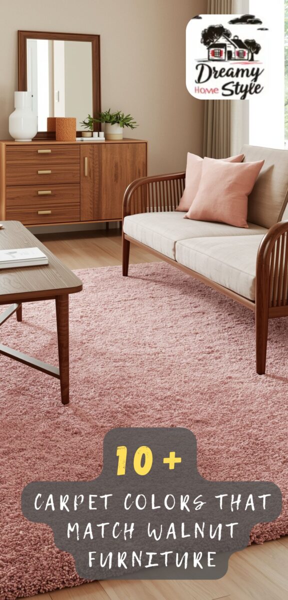 Living room with walnut wood furniture and dusty rose pink shag carpet, featuring a sofa with pink pillows