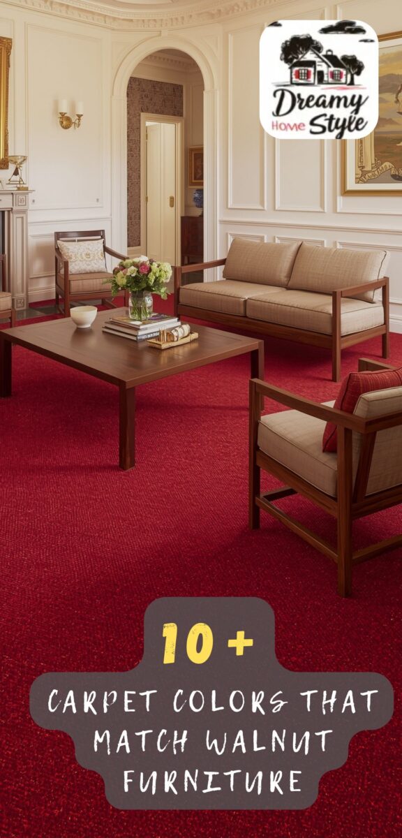 Formal living room with dark walnut furniture and bold red carpet, featuring beige upholstered sofa and armchairs