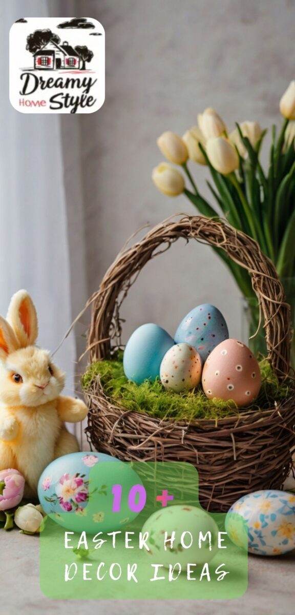 Easter basket with colorful eggs on green moss, stuffed bunny, yellow tulips, and floral decorated eggs on a table