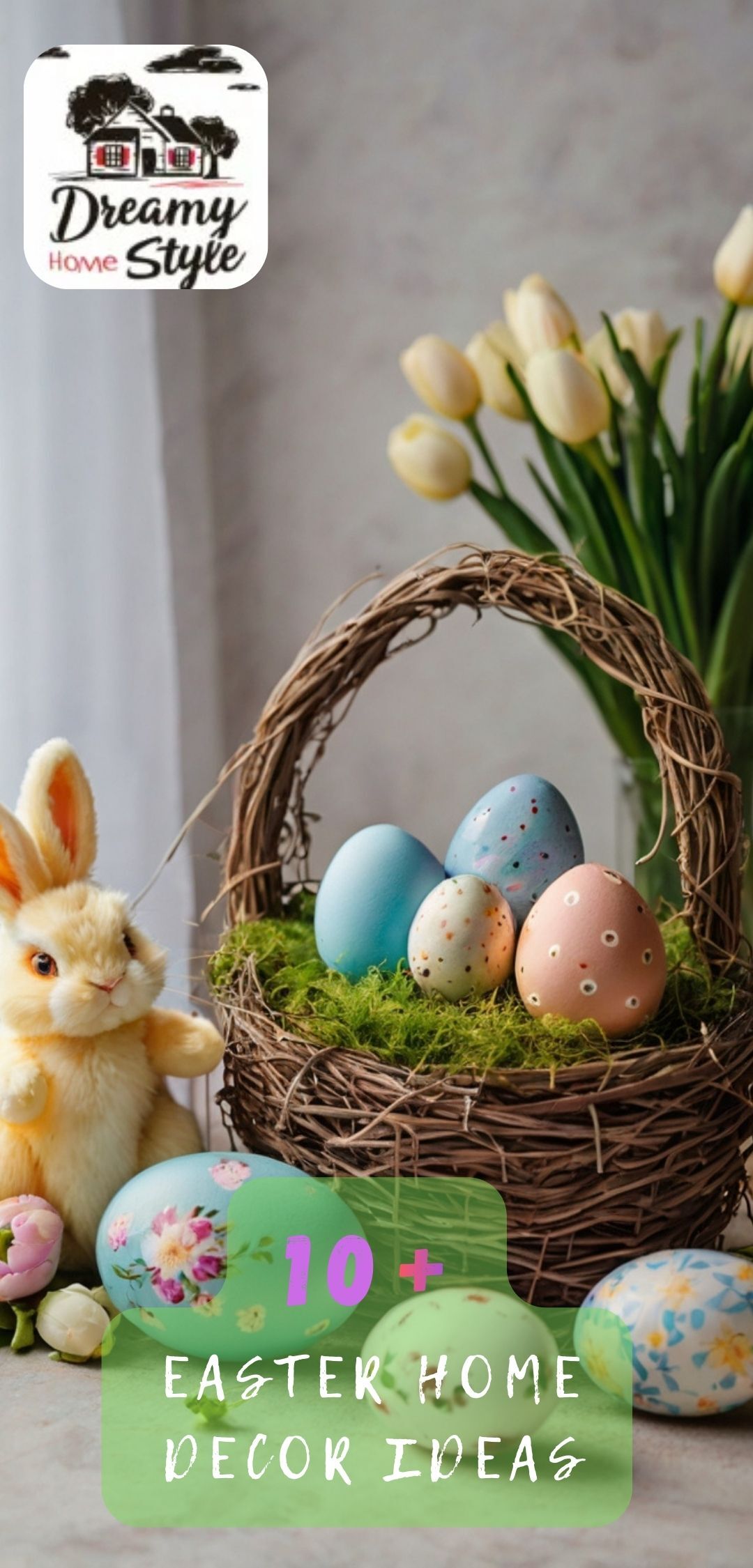 Easter basket with colorful eggs on green moss, stuffed bunny, yellow tulips, and floral decorated eggs on a table