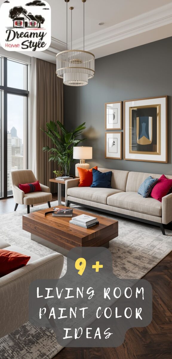 Modern living room with slate gray accent wall, beige sofa, colorful pillows, wood coffee table, and chandelier