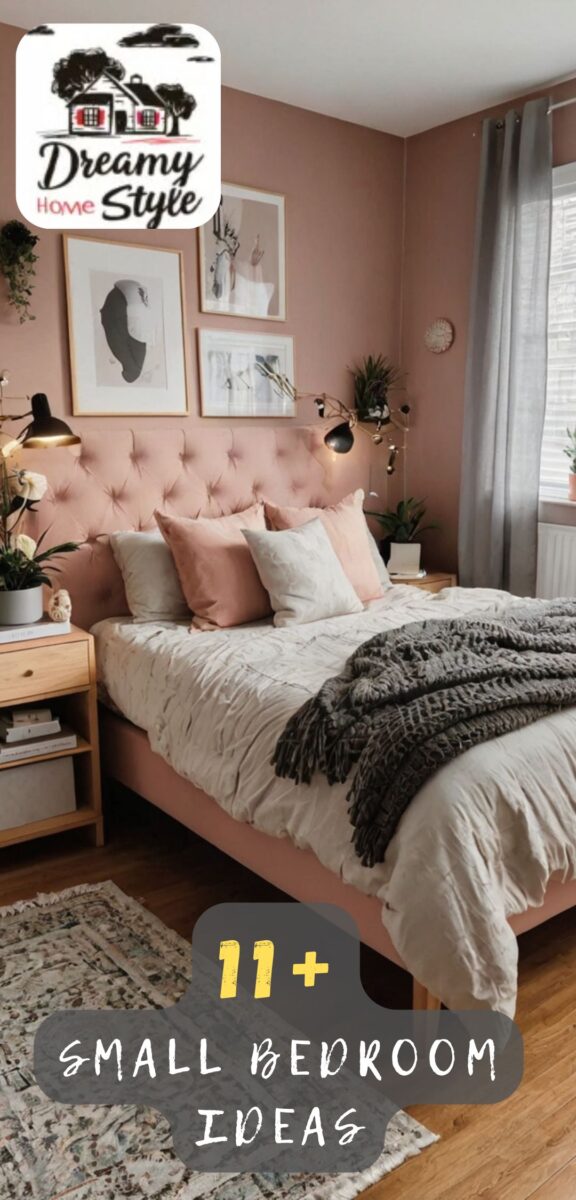 Small bedroom with dusty rose walls, tufted pink headboard, layered neutral bedding, gallery wall art, and wooden nightstands