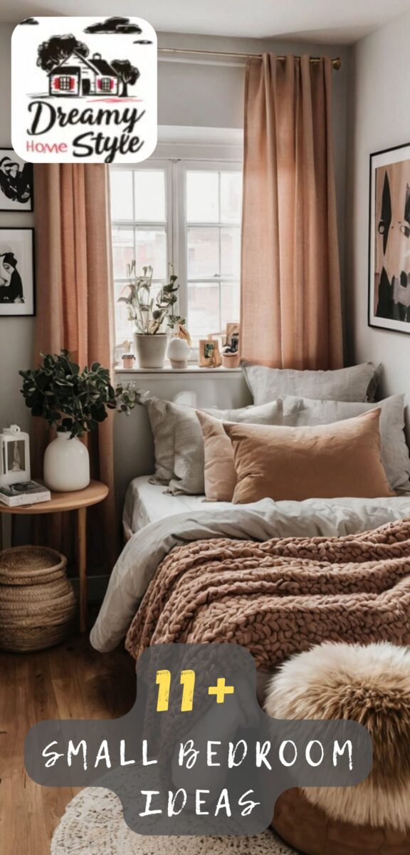 Cozy small bedroom with warm earthy tones, chunky knit throw, caramel curtains, gray linen bedding, and wooden side table