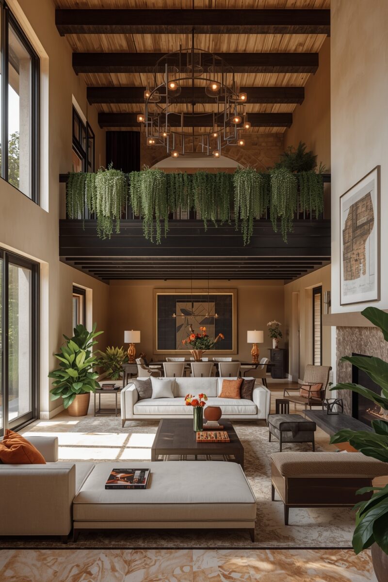Luxury double-height living room with exposed wood beams, mezzanine balcony with trailing plants, and white sofas