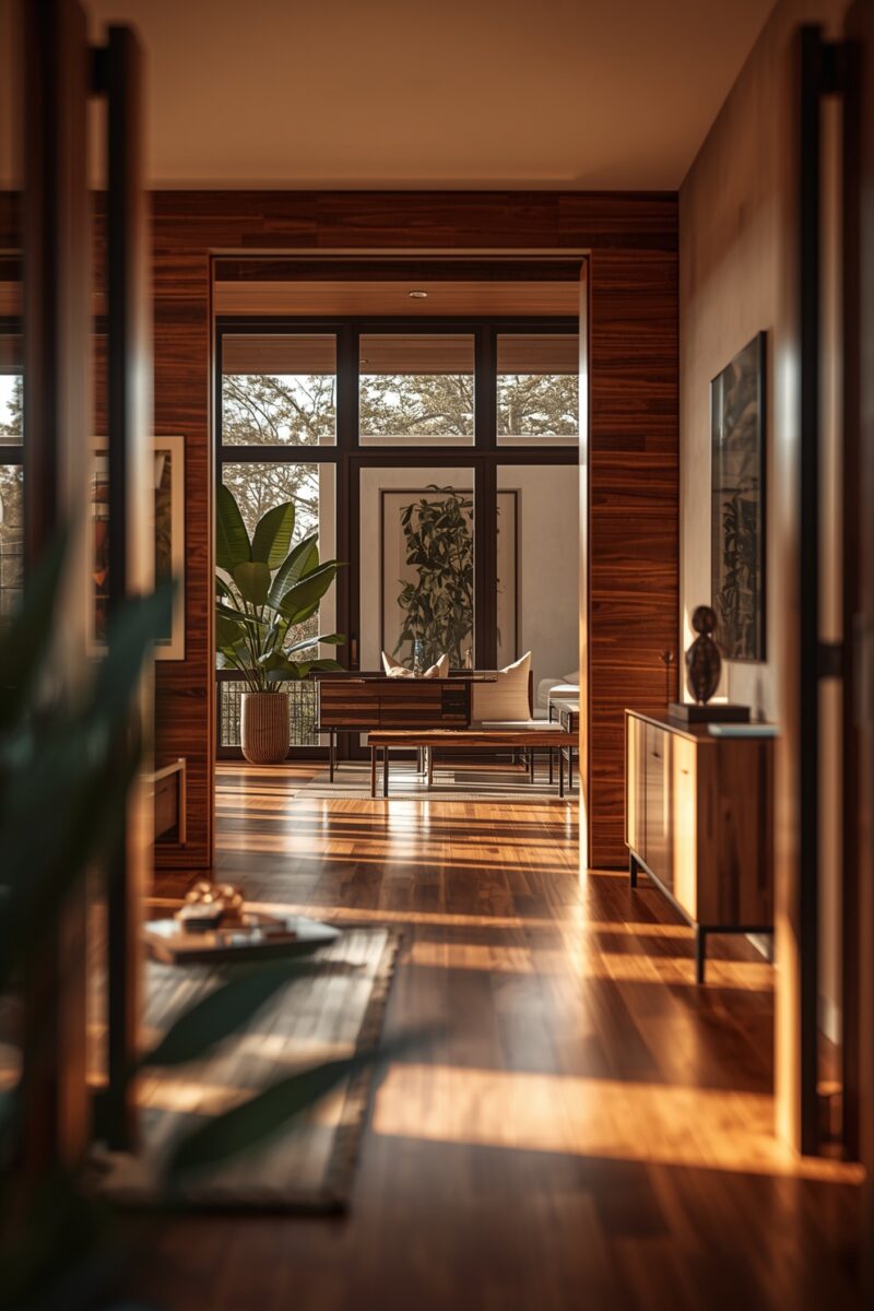 Modern living room hallway with warm wood paneling, hardwood floors, large windows, and tropical plant in golden sunlight