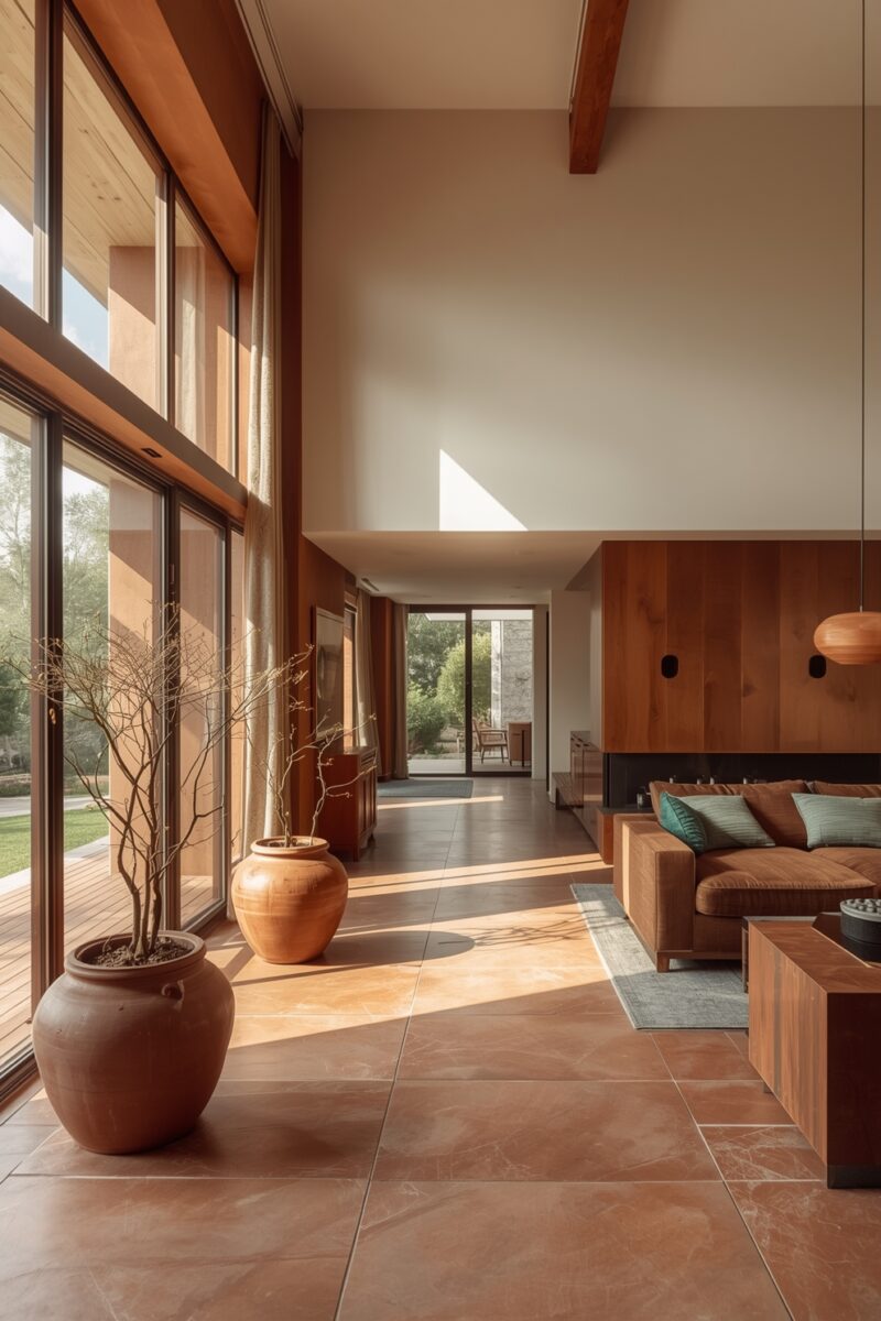 Modern living room with floor-to-ceiling windows, terracotta tile floors, wooden beams, and brown leather sofa with teal pillows