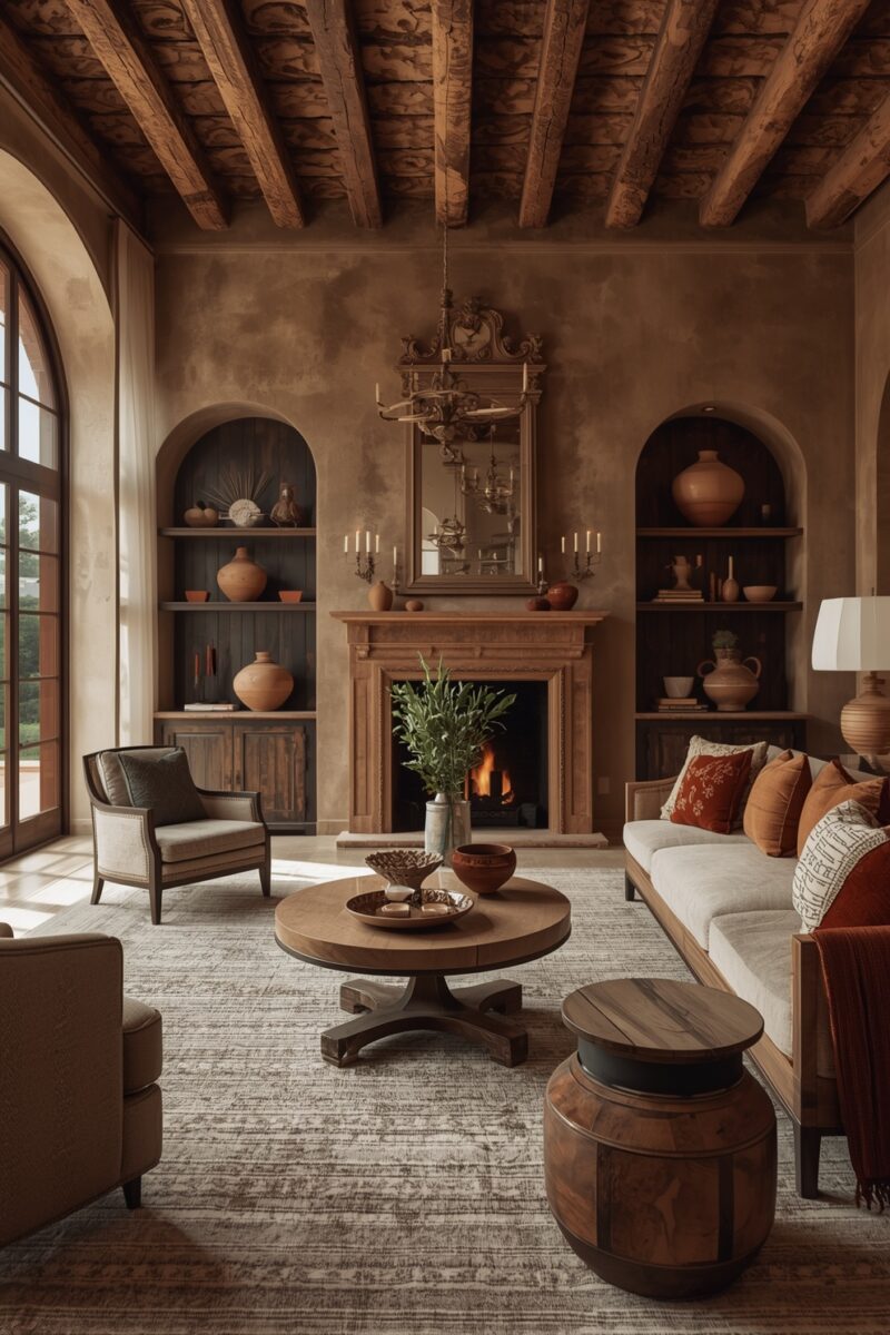 Tuscan-style living room with exposed wood beam ceiling, stone fireplace, arched niches, and warm earth-tone decor
